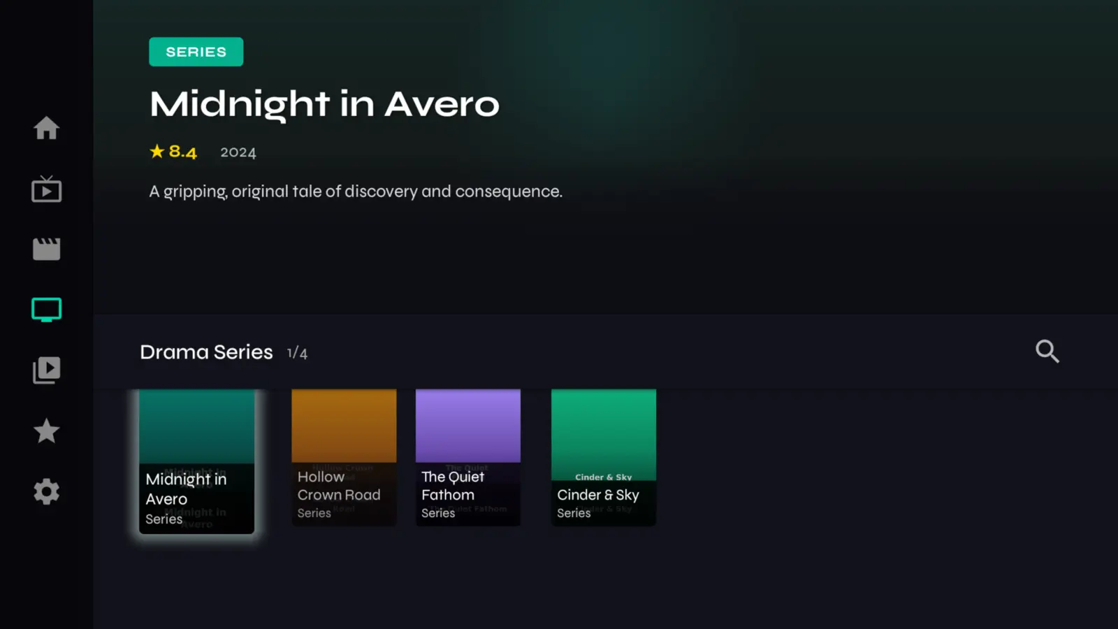 Velo on Android TV — home screen with a cinematic hero