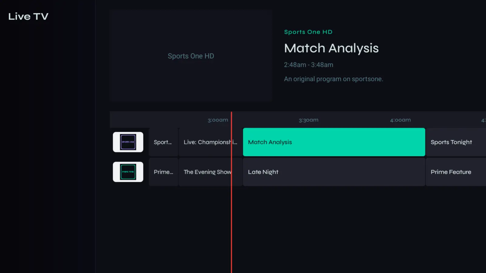 Velo program guide — EPG grid with a live preview and now-line